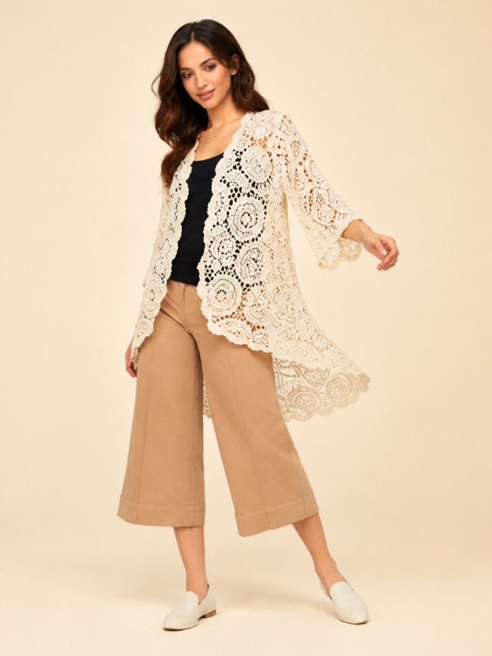Nina Leonard Natural Crochet Bell Sleeve High Low Cardigan NWOT